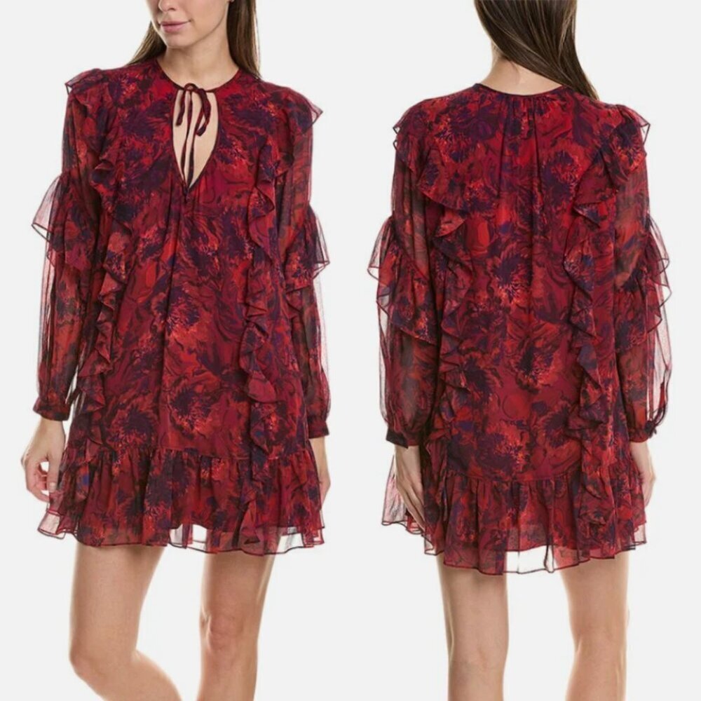 New! Cinq a Sept Livie Dark Red Print Tie Neck Ruffled Mini Dress 20722